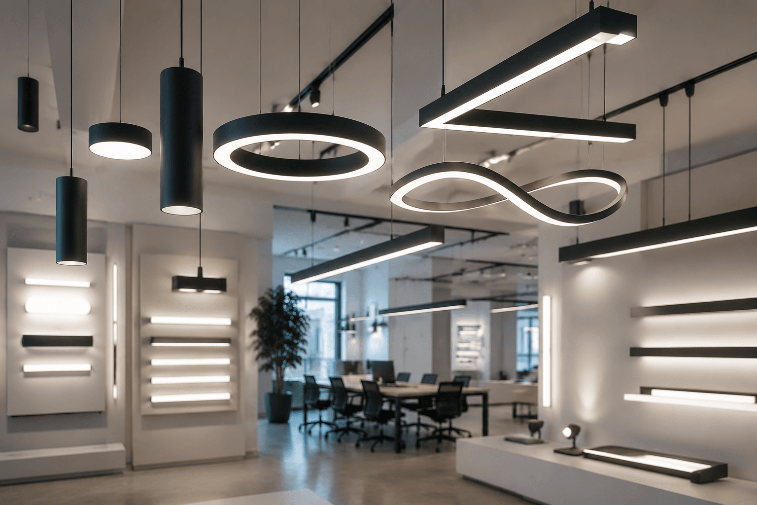 Commercial lighting fixtures arranged in a modern showroom